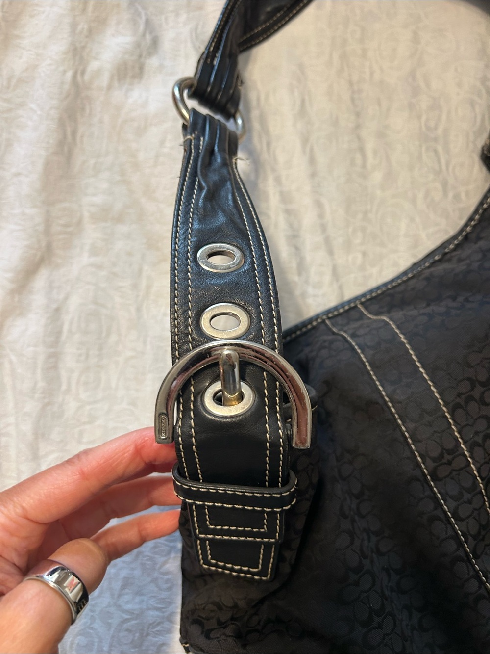 Coach Black Shoulder Bag with White Contrast Stitching and Silver Hardware